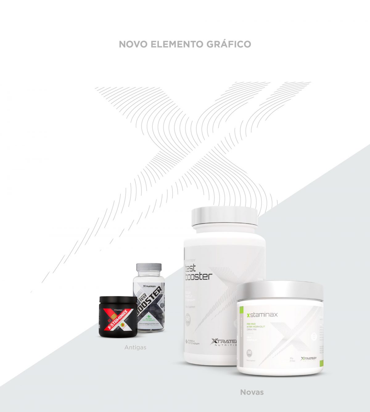 antes e depois de embalagens Xtrategy Nutrition desenvolvidas pela Unitri Design